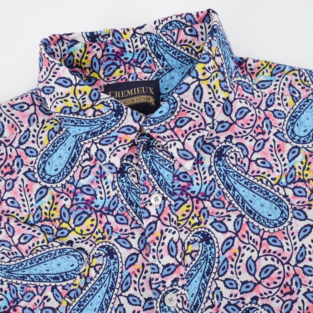 Cremieux Paisley Stretch Button Down Shirt Blue Pink Short Sleeve Mens Large